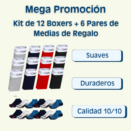 Kit 12 Boxer + 6 Pares De Medias™ ¡Comodidad y Suavidad Inigualable!